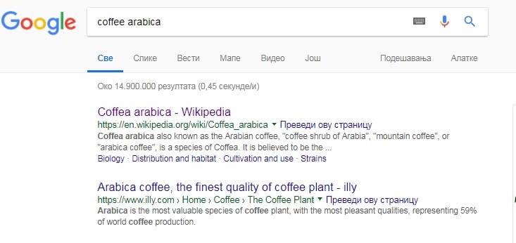 Sitelinks in Google's result for term "coffee Arabica)