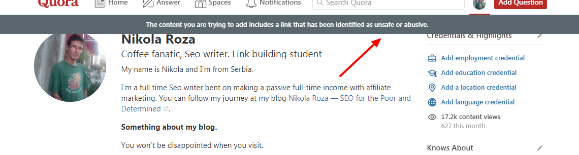 Quora doesn't allow affiliate links even on profile pages