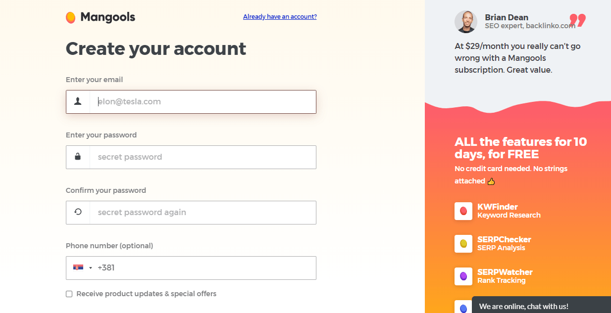 Create account Mangools