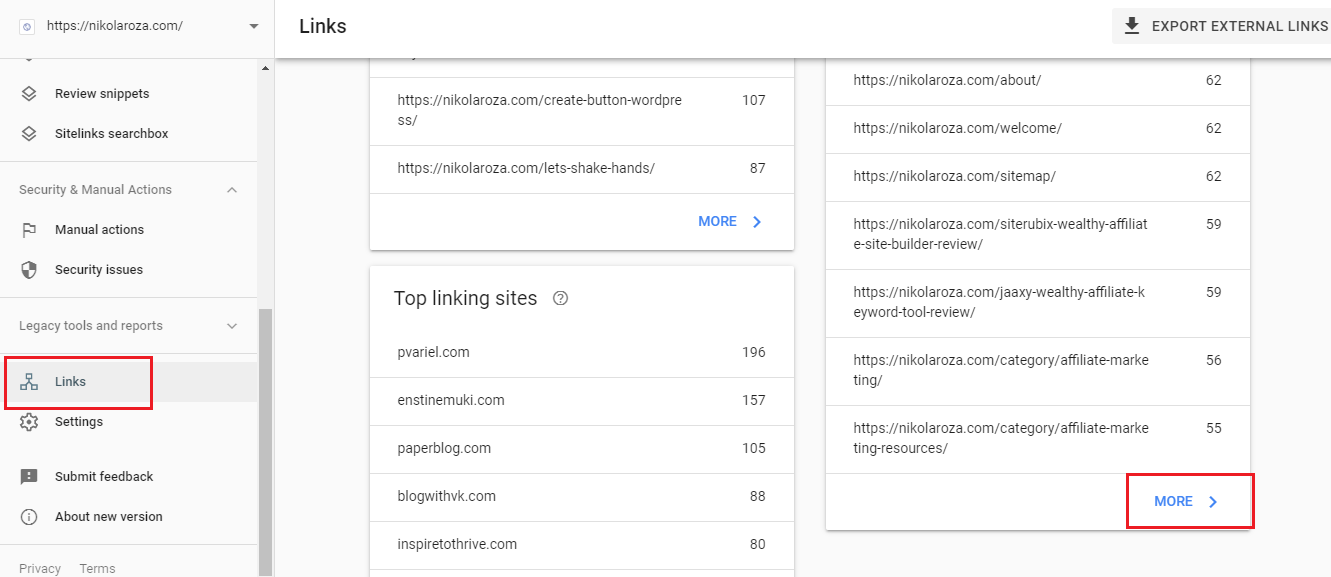 Internal links report Google search Console