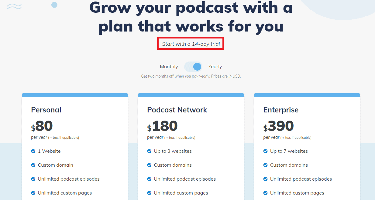 Podcastpage pricing plans