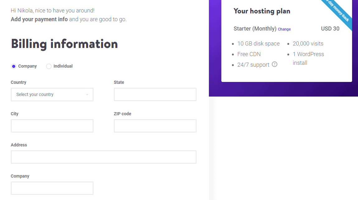 add payment info and buy Kinsta hosting plan