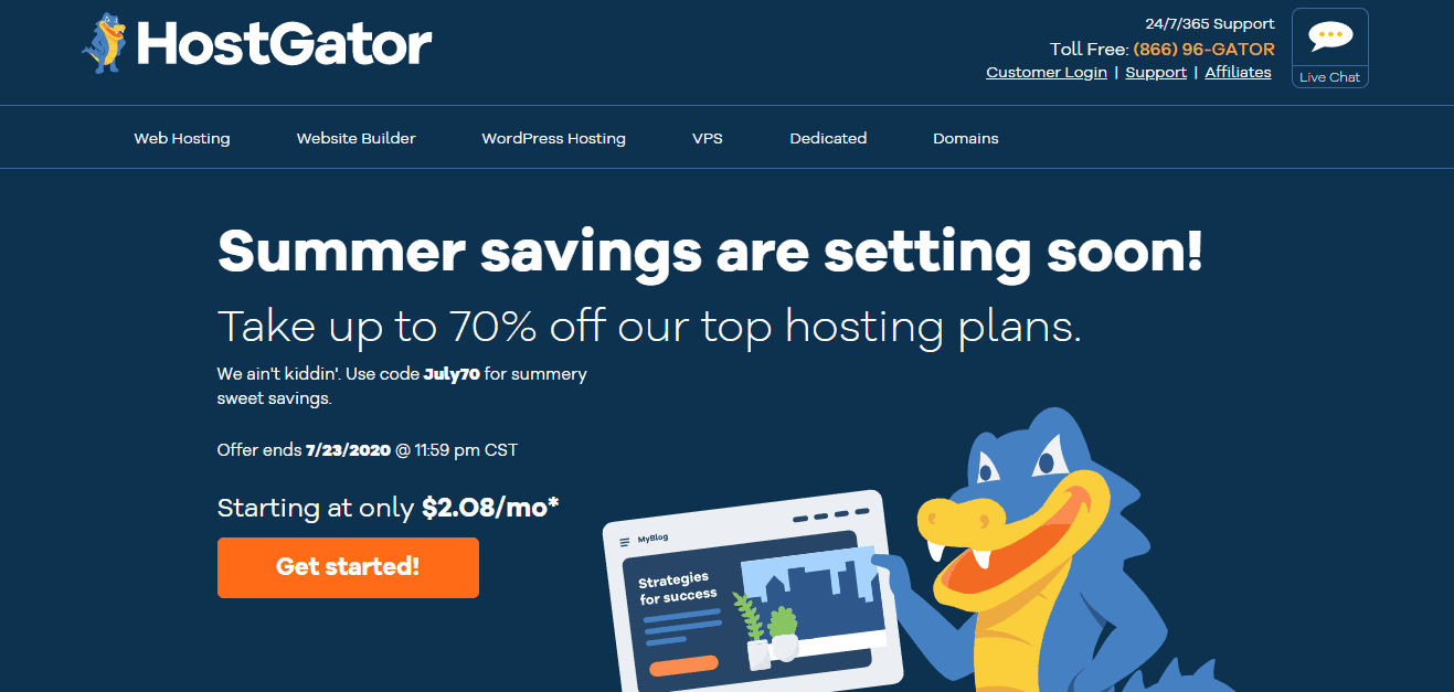 Hostgator homepage getting started button