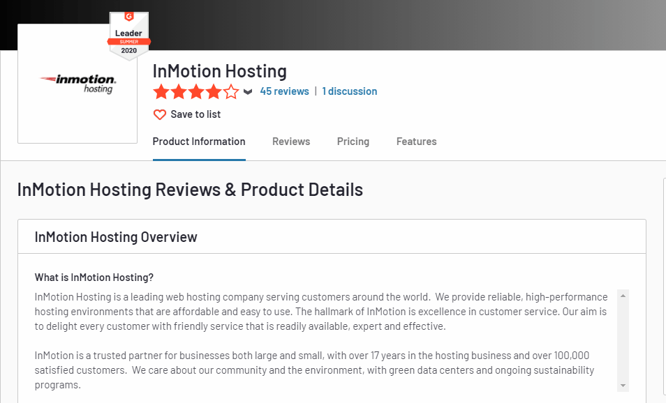InMotion hosting positive reviews G2