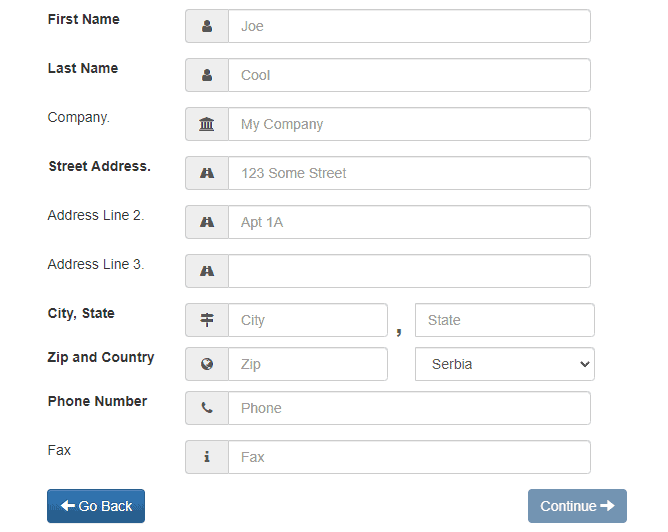 Interserver fill in personal details