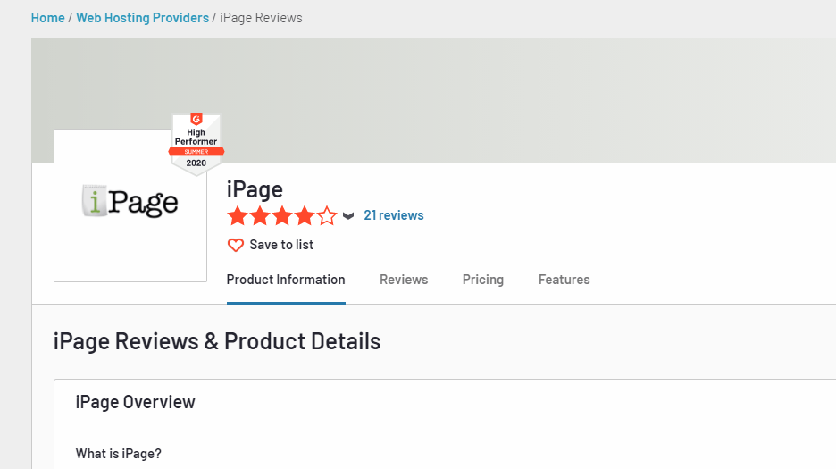 iPage positive customer reviews on G2 review aggregator