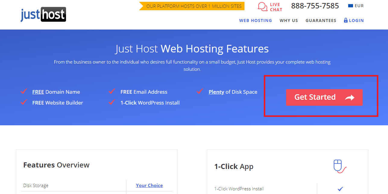 JustHost get started with their shared hosting