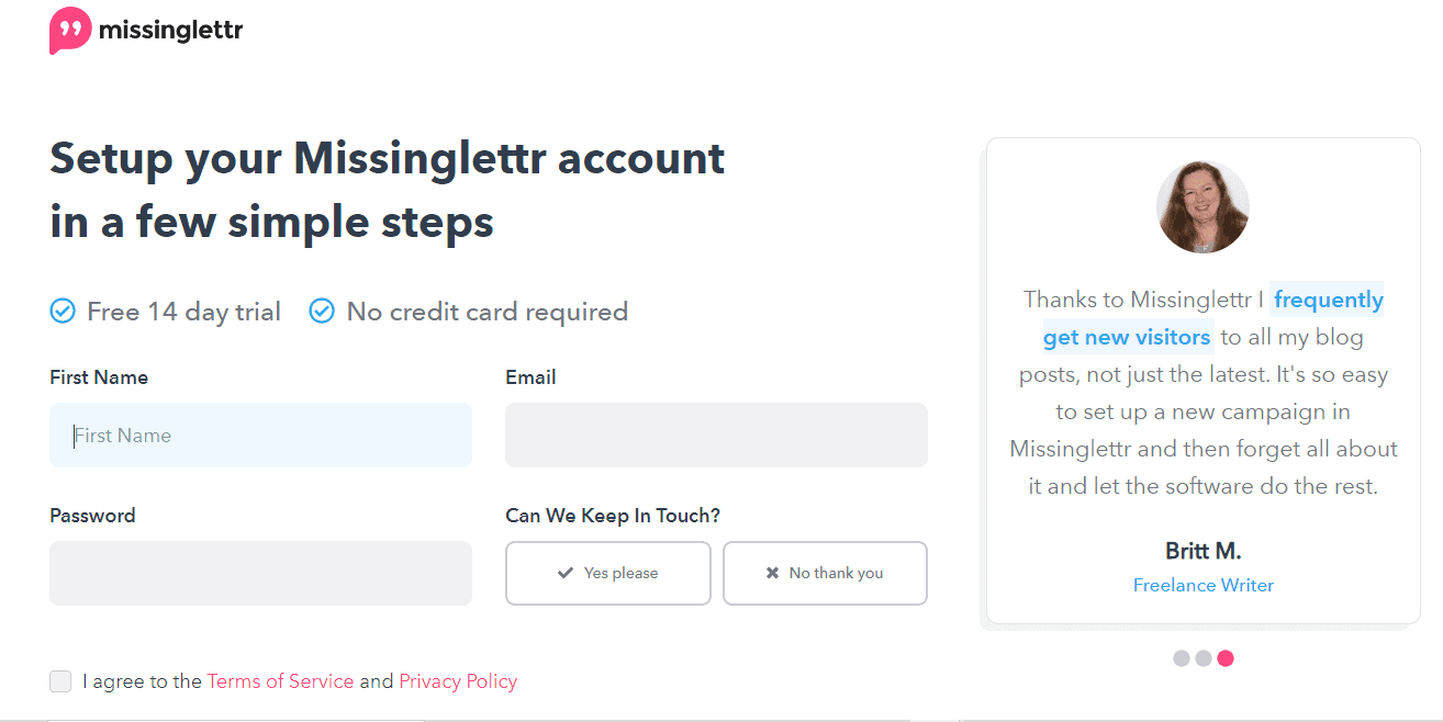 sign up to Missinglettr free trial