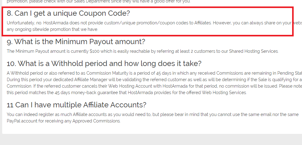 Hostarmada affiliate FAQ- no coupon codes allowed
