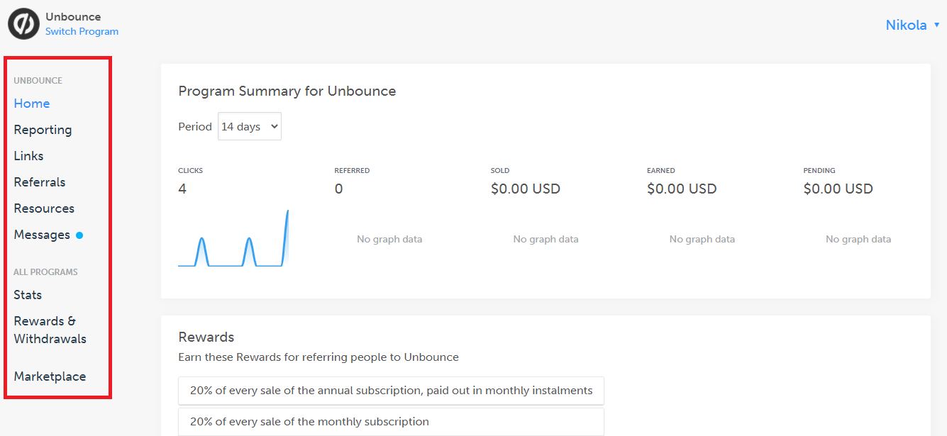 Unbounce affiliate dashboard via PartnerStack 