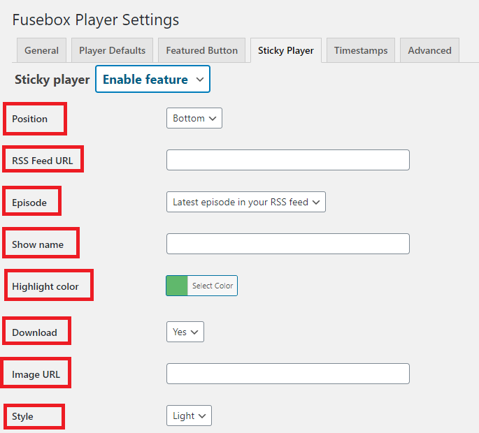 Sticky player settings