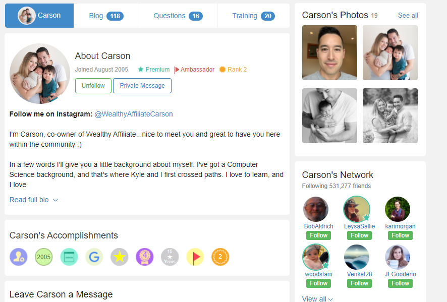 Carson Wealthy Affiliate profile