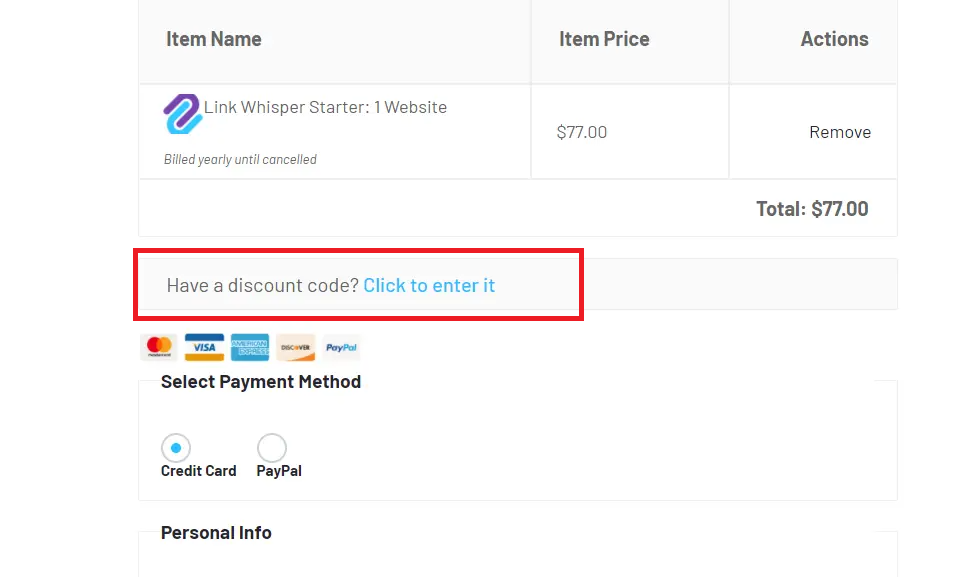 Link Whisper checkout with Black Friday coupon code applied