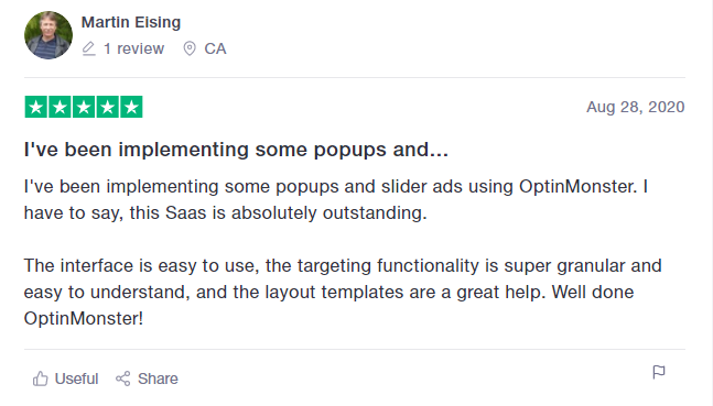 OptinMonster positive customer review example