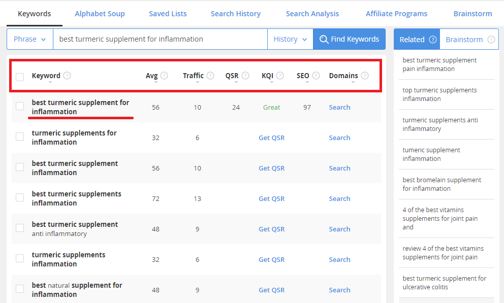 Second step in keyword research Jaaxy
