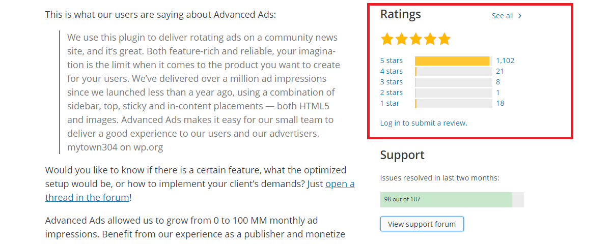 Advanced Ads positive customer reviews and rating at WordPress.org
