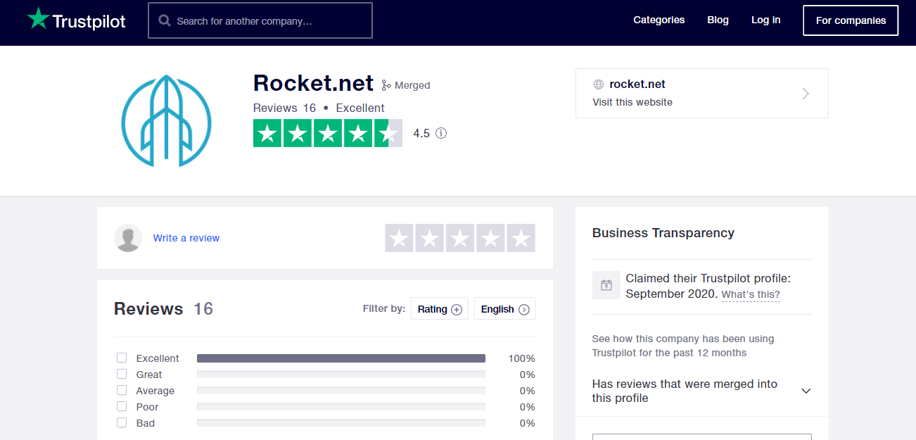 Rocket.net Trustpilot score