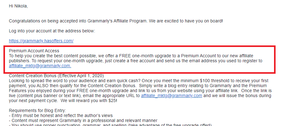 Grammarly affiliate acceptance email