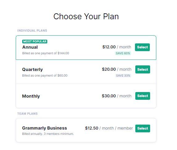 Pick a Grammarly plan to activate free trial
