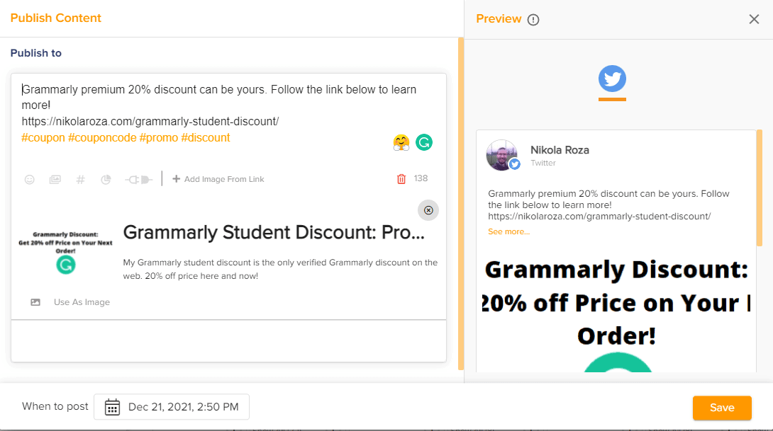 Grammarly student discount tweet scheduled via SocialChamp