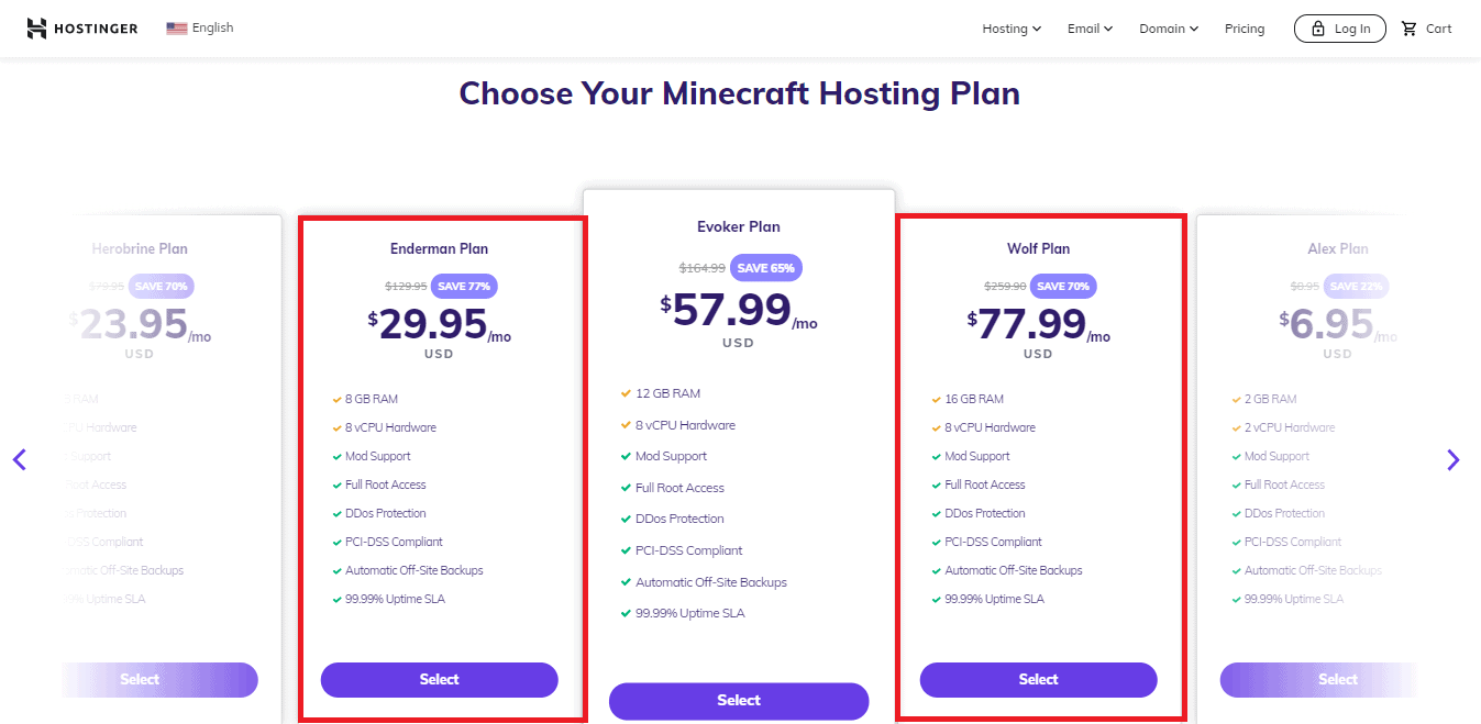 Hostinger Minecraft servers pricing plans