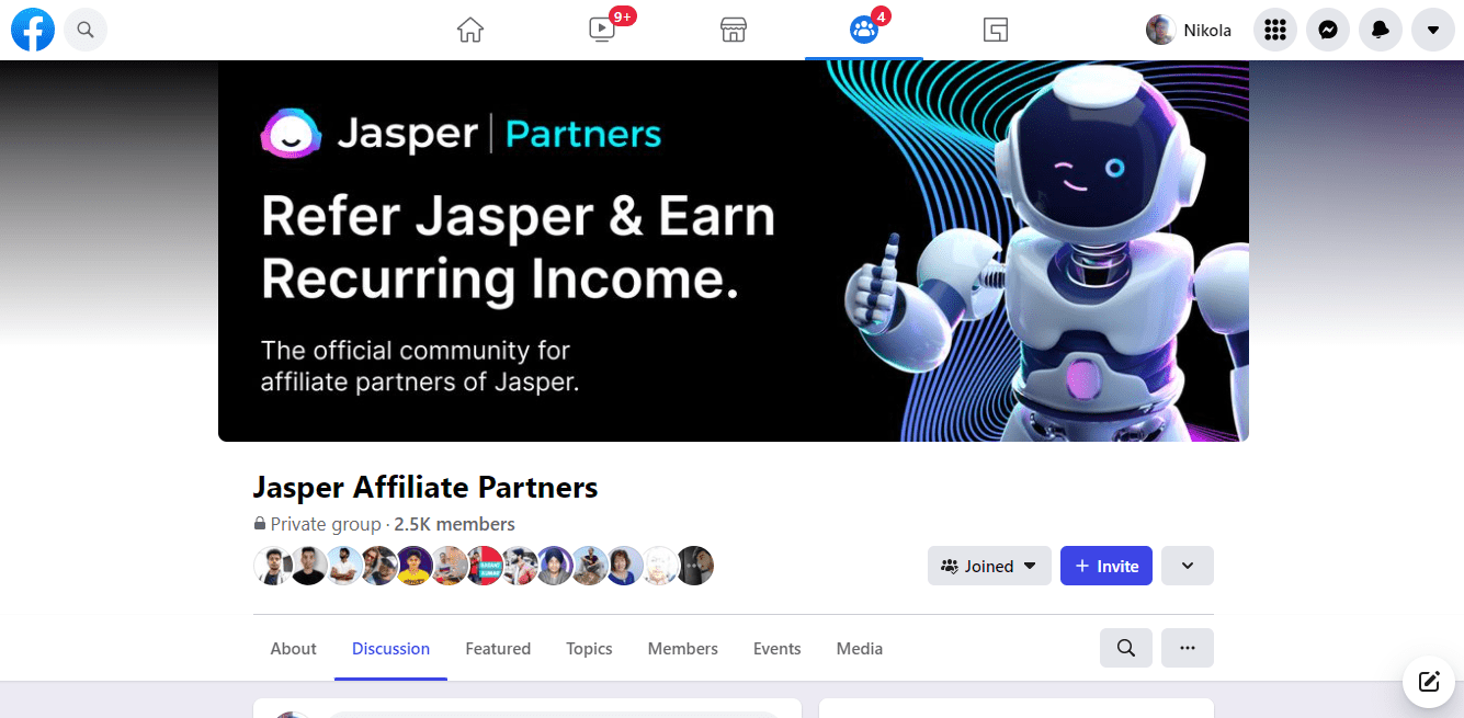 Jasper Ai affiliate program Facebook group