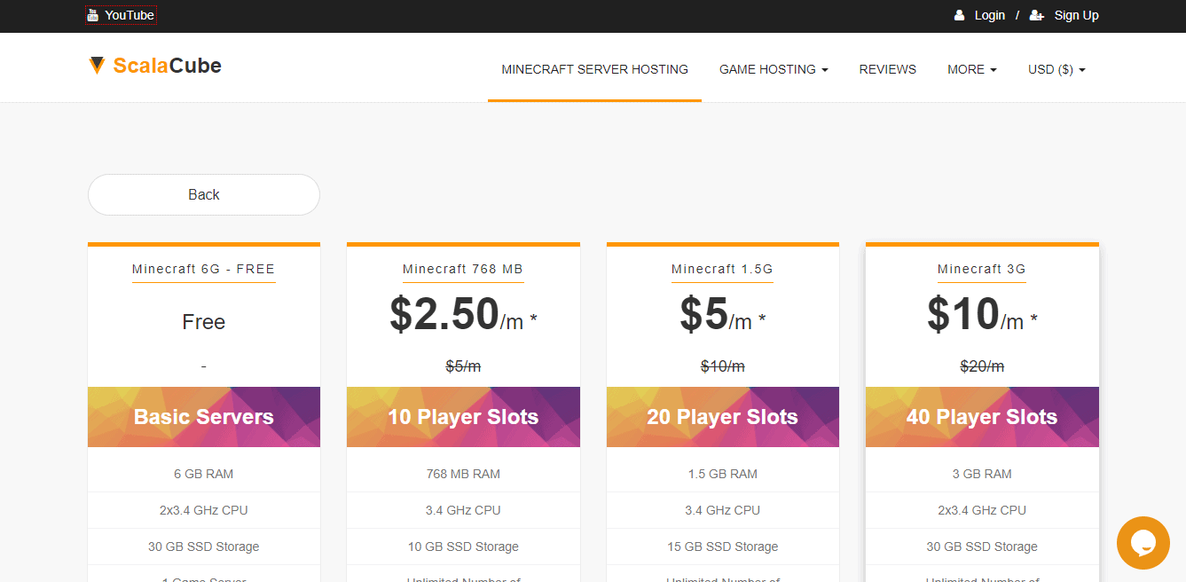 Scalacube Minecraft server hosting pricing