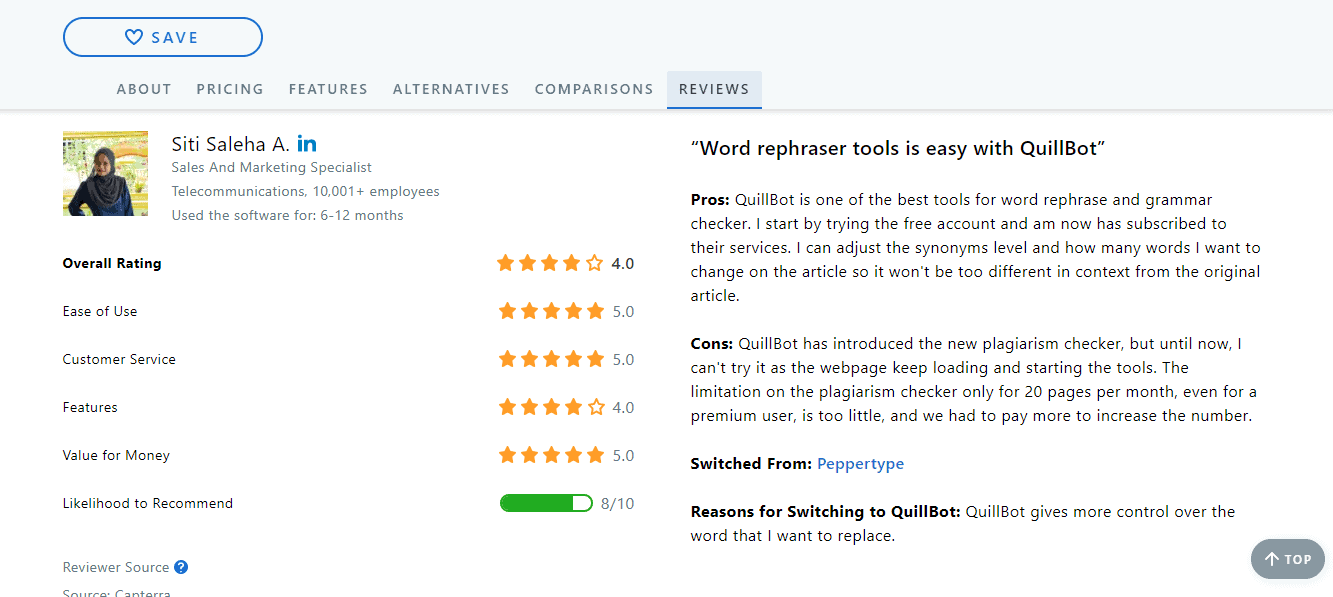 Quillbot review from Capterra 1