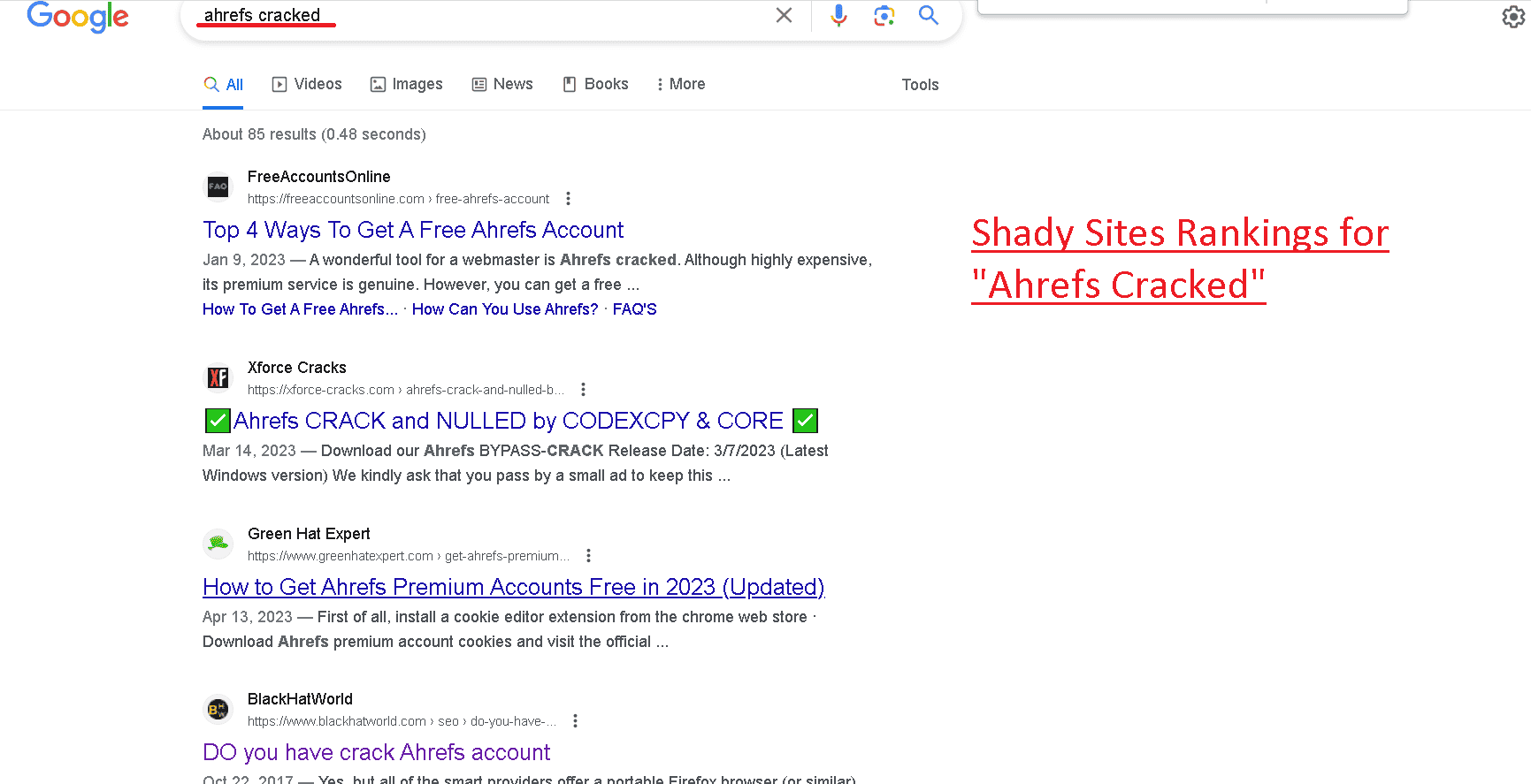 "Ahrefs cracked" in Google search