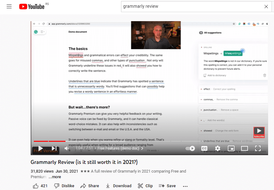 Grammarly review example on YouTube