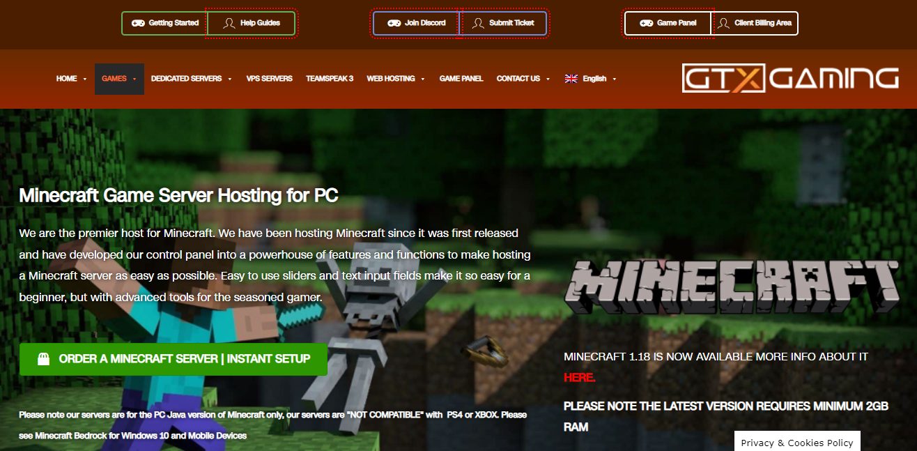 GTX Minecraft server hosting for PC's'