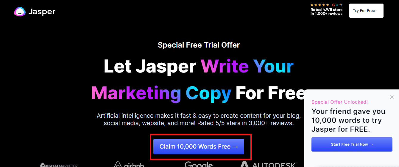 Jasper AI free trial official offer