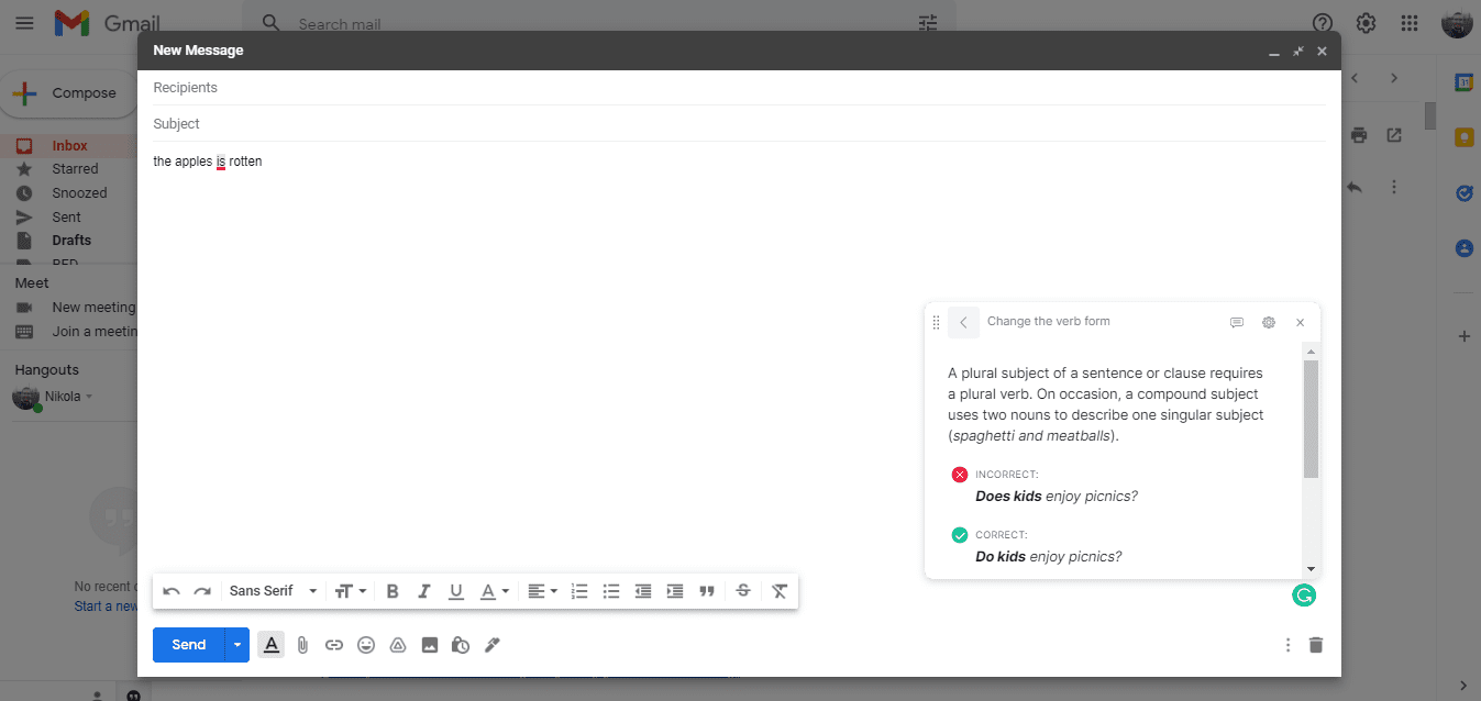 Grammarly in Gmail helps you use the correct verb forms