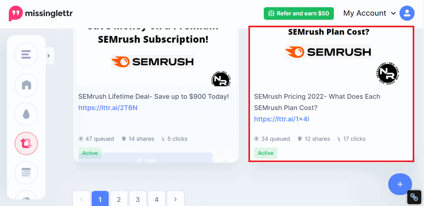 Promoting my SEMrush pricing guide within Missinglettr Curate