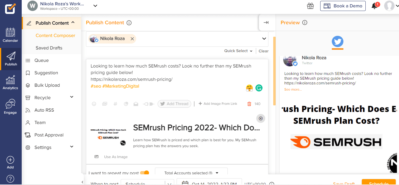 Promoting my SEMrush pricing guide in Social Champ