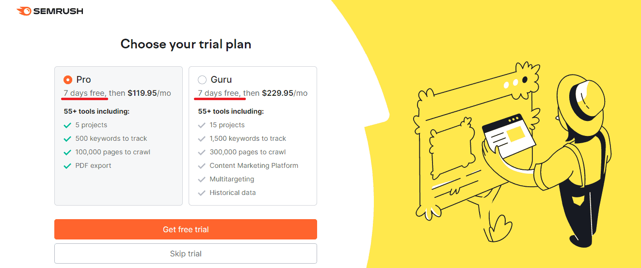 Activate your SEMrush free trial by picking a paid SEMrush plan