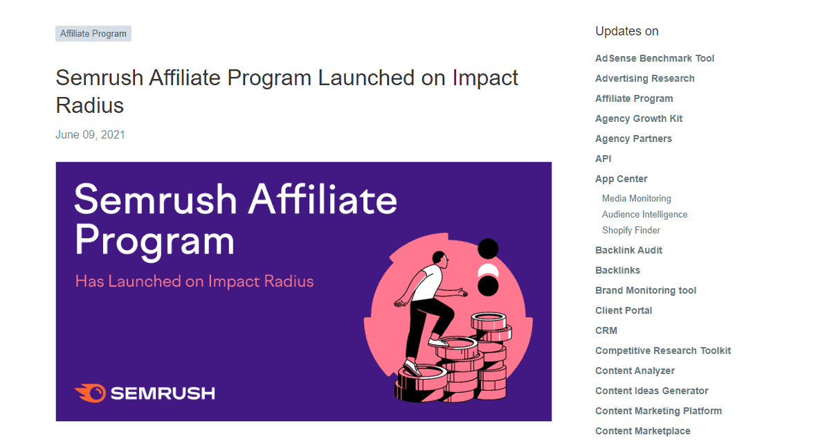 SEMrush affiliate program hosted on Impact Radius