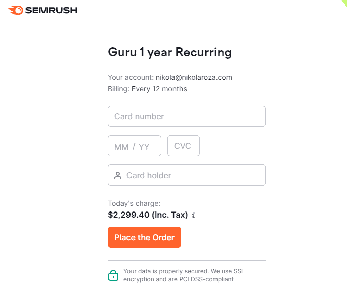 Place the order and activate the SEMrush free trial