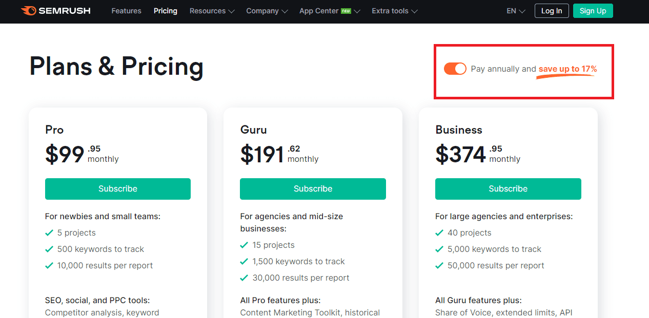Semrush pricing page yearly pricing gives a 17% lifetime discount