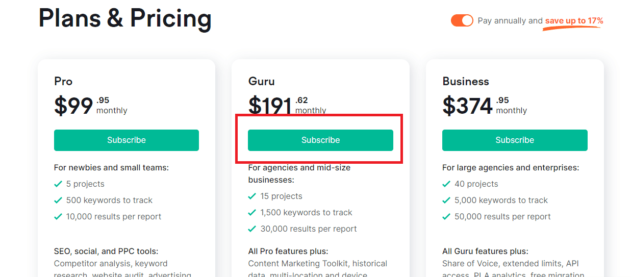 Subscribe to a SEMrush paid plan- yearly plans come with a discount