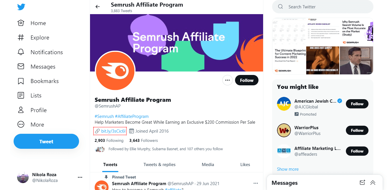 SEMrush affiliate program Twitter page