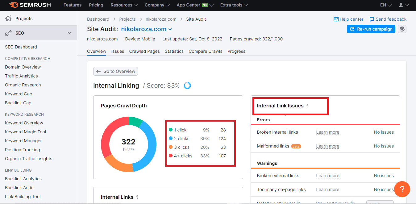 SEMrush internal linking report is a god replacement for Link Whisper