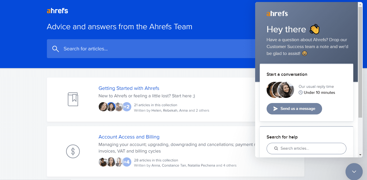 Ahrefs offers support via knowledge base and live chat