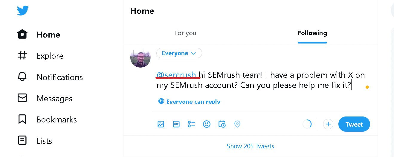 Asking SEMrush for help via Twitter