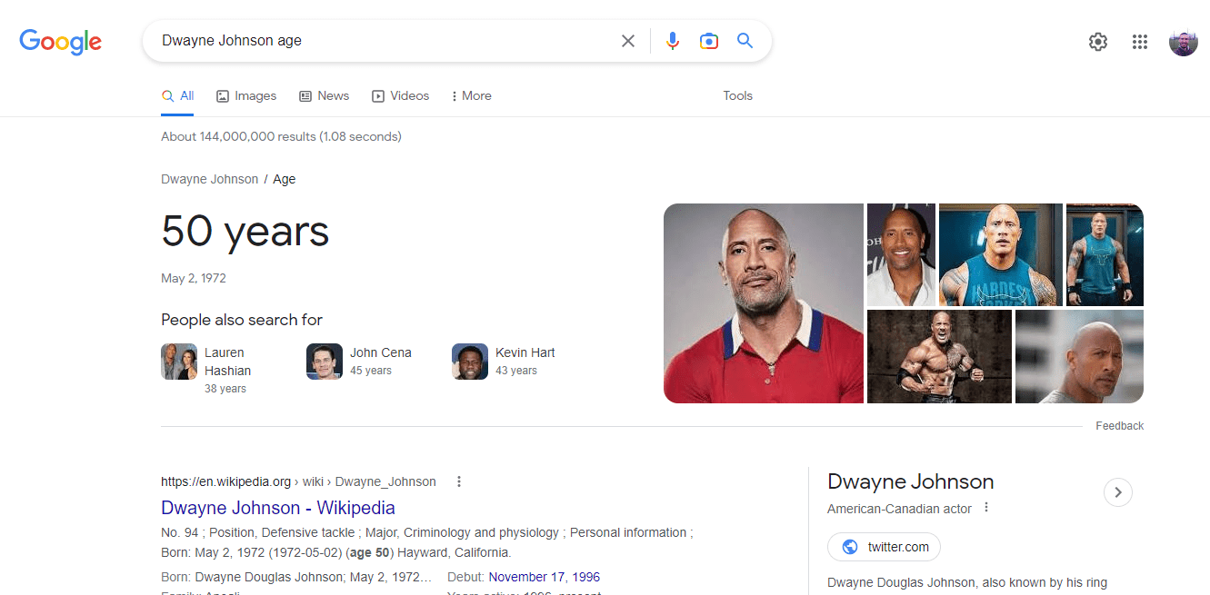 Google SERP feature for the keyword "Dwayne Johnson age"