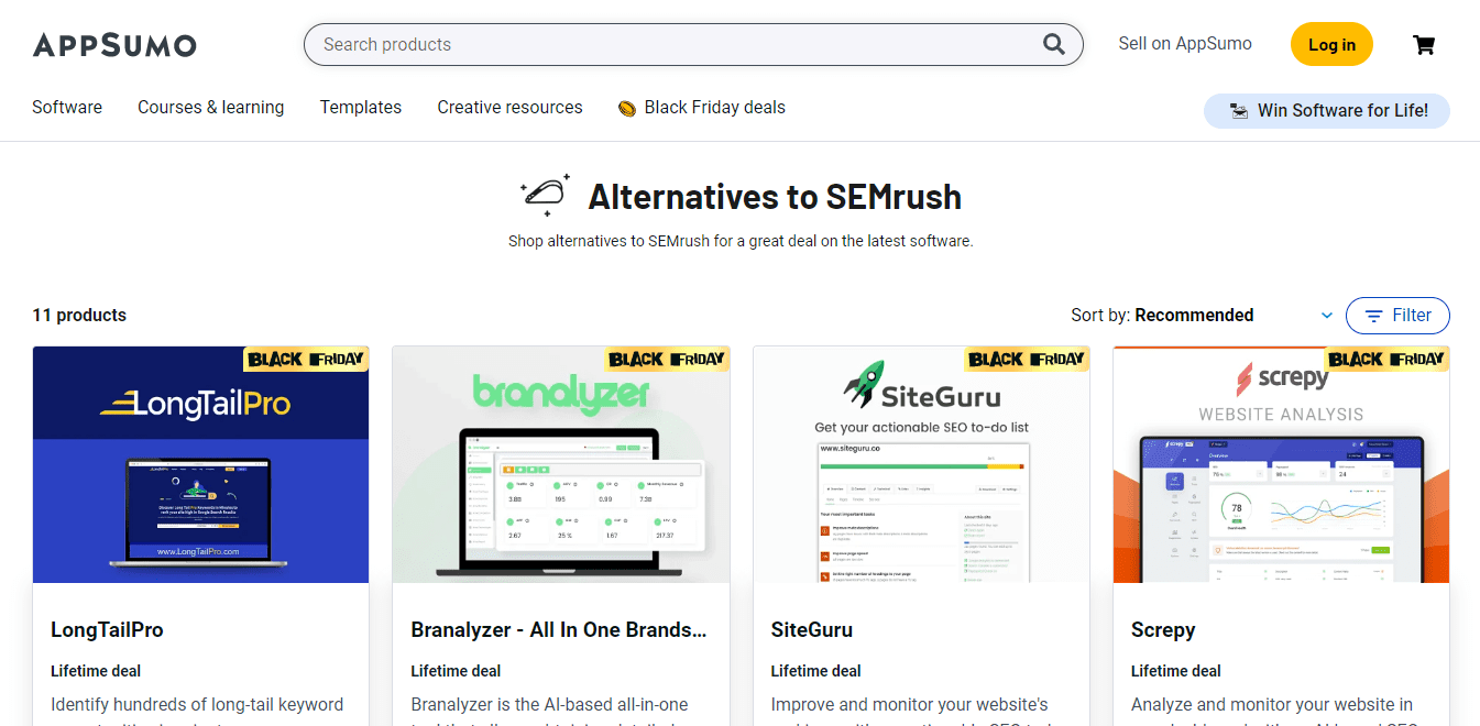 SEMrush allternatives offered on Appsumo