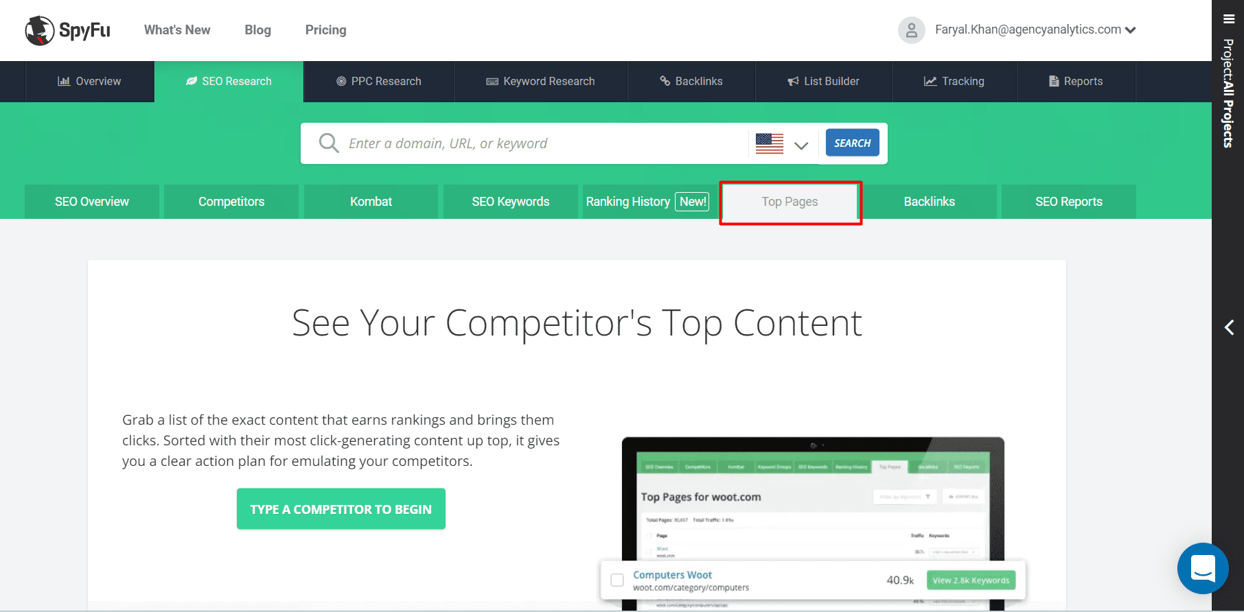 See your competitor's top content with SpyFu