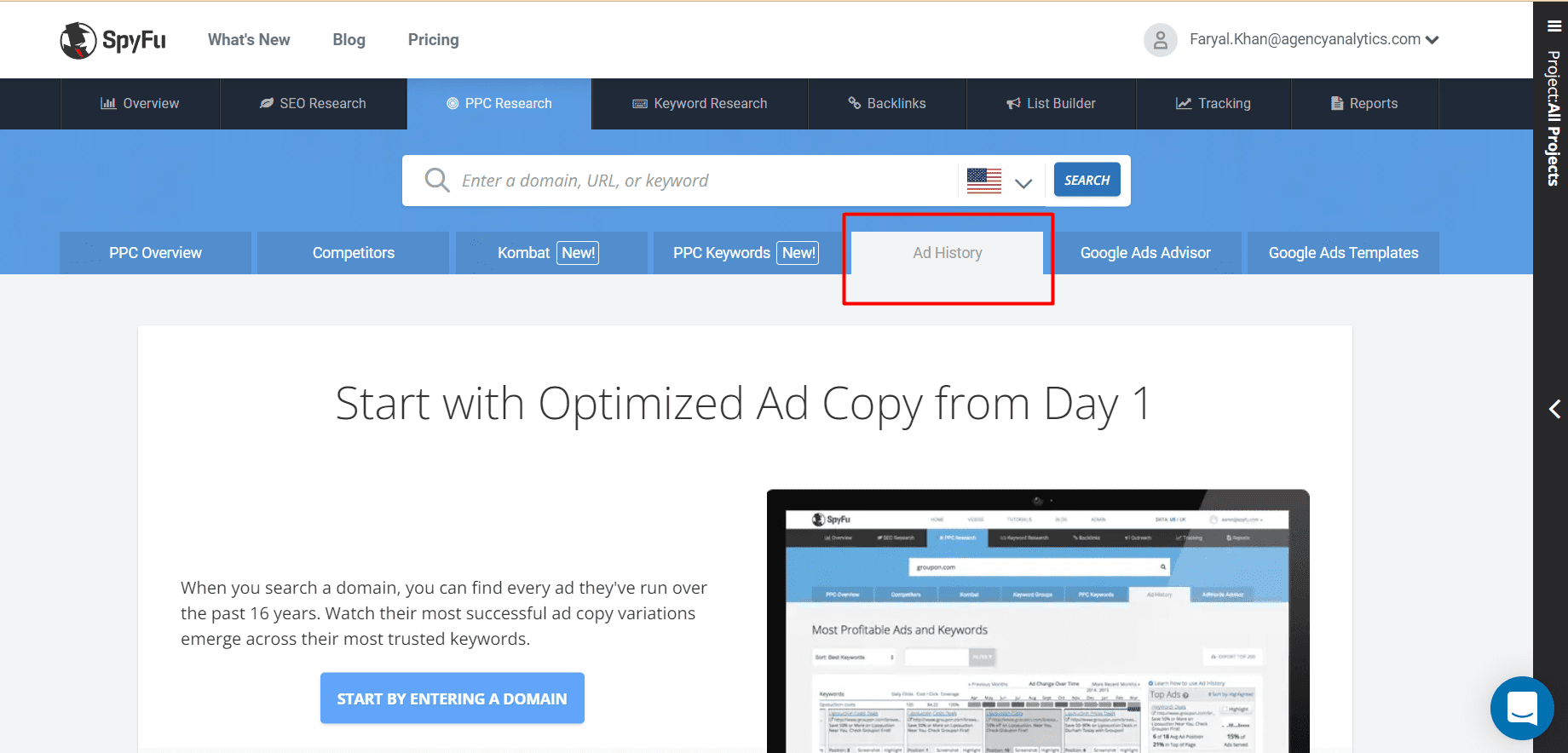 Use SpyFu to view your competitor's ad history