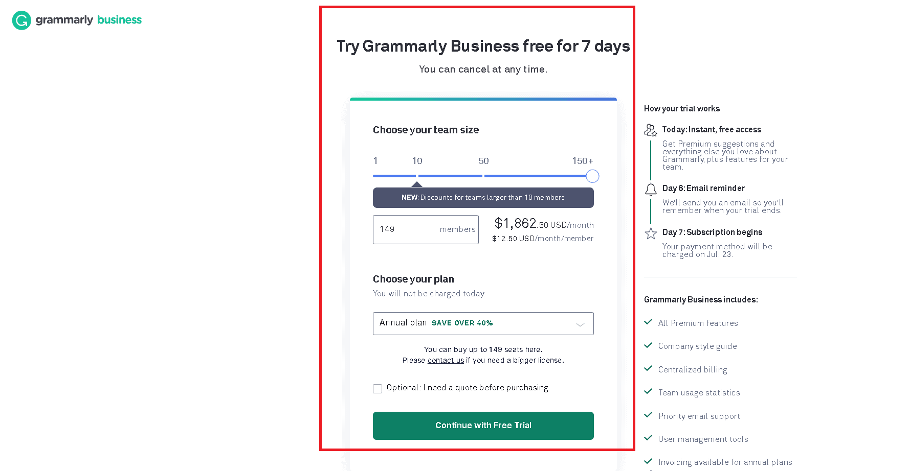 Grammarly Business plan pricing and cost