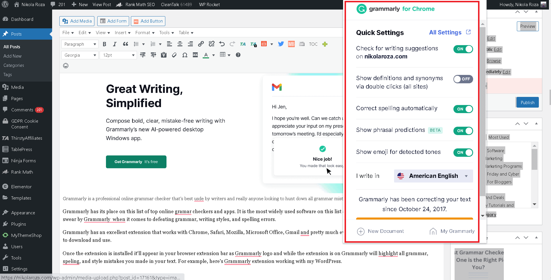 Grammarly App free extension works with WordPress
